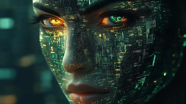 Woman's face overlaid with futuristic digital code.