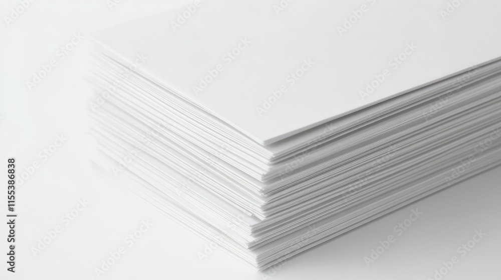 Poster stack of clean white paper sheets neatly arranged on a smooth surface showcasing simplicity and mini