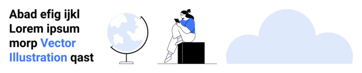 Woman sitting on a block reading a book next to a globe. Text element with random letters. Cloud shape in the background. Ideal for education, geography, reading, content creation, global themes