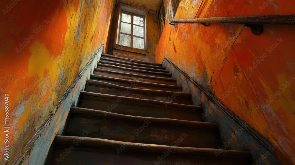 Poster old wooden stairs with vibrant orange walls leading to a rustic window creating an inviting atmosphe