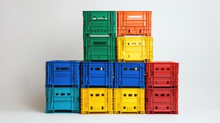 Colorful stack of plastic storage crates arranged in a neat pattern on a white background