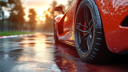 Red sports car on wet racetrack at sunset.