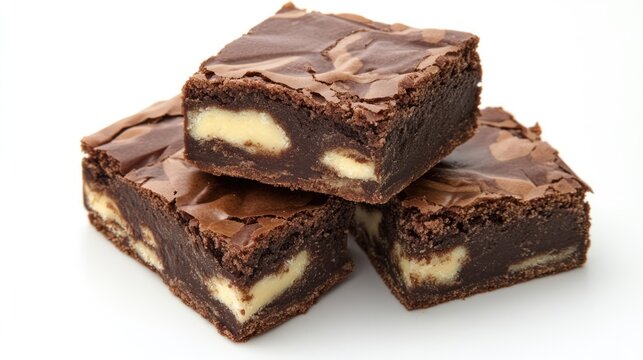 Decadent chocolate brownies layered with creamy filling stacked on a white background for dessert inspiration and culinary delight.