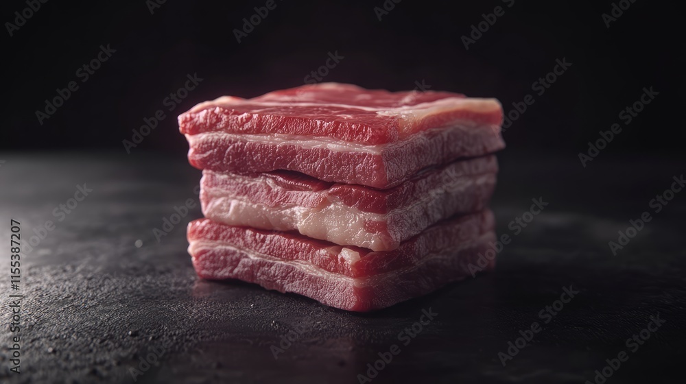 Poster raw bacon slices stacked neatly on a dark background showcasing fresh meat for culinary designs and 