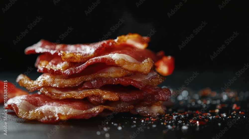 Poster crispy stack of delicious bacon slices with seasoning on dark background for culinary and food prese