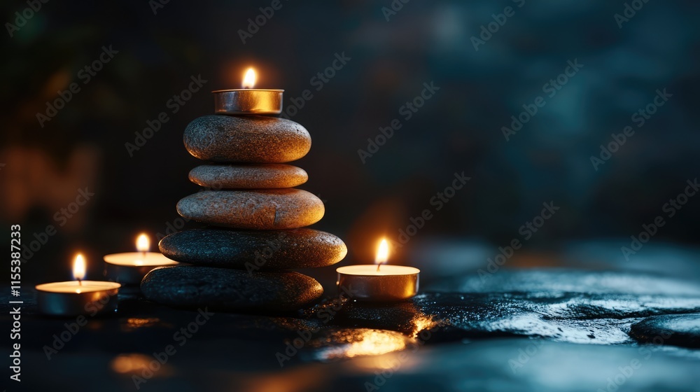 Poster serene stacked stones with soft candlelight creating a calming and tranquil atmosphere for relaxatio