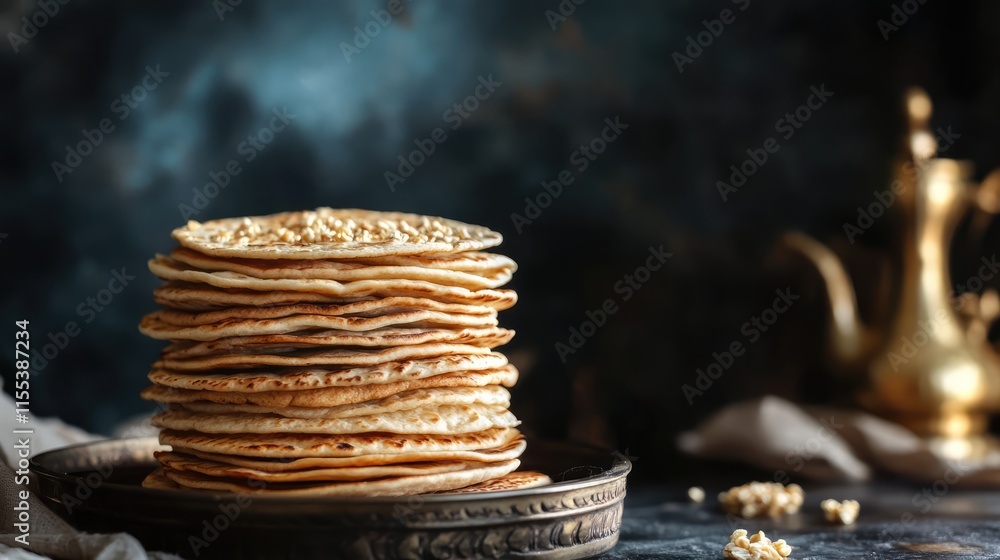 Aufkleber stack of golden homemade wheat tortillas displayed on a rustic table with a traditional teapot in th