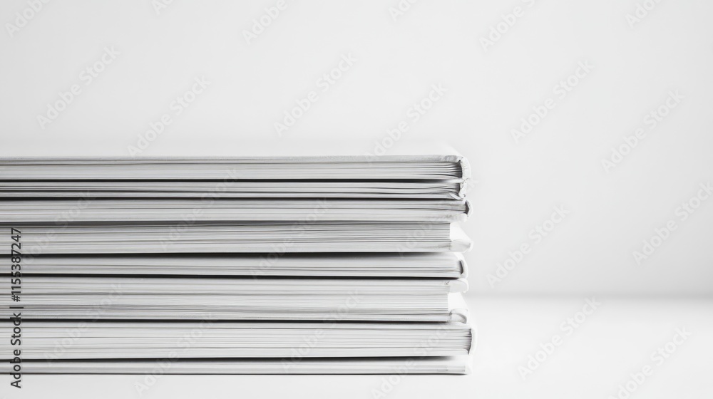 Poster stack of neatly arranged hardcover books on a minimalistic white background emphasizing simplicity a