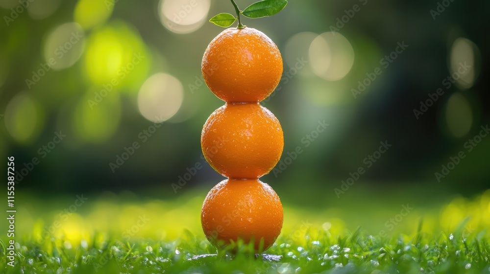 Poster stack of three ripe oranges adorned with fresh leaves set against a vibrant natural green background