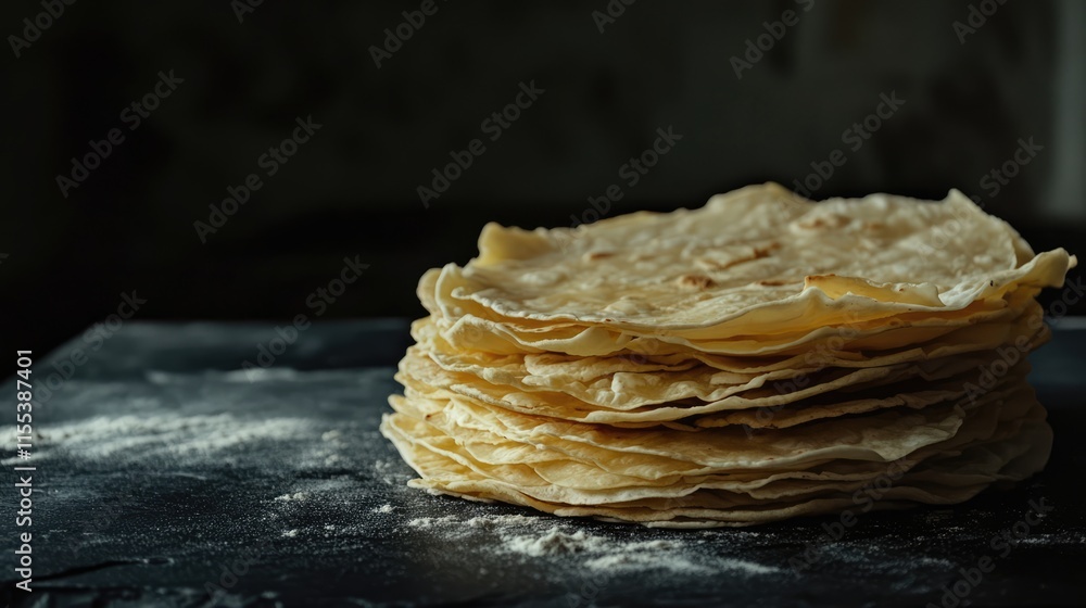 Aufkleber freshly made tortillas stacked on a rustic black surface with a sprinkle of flour highlighting their