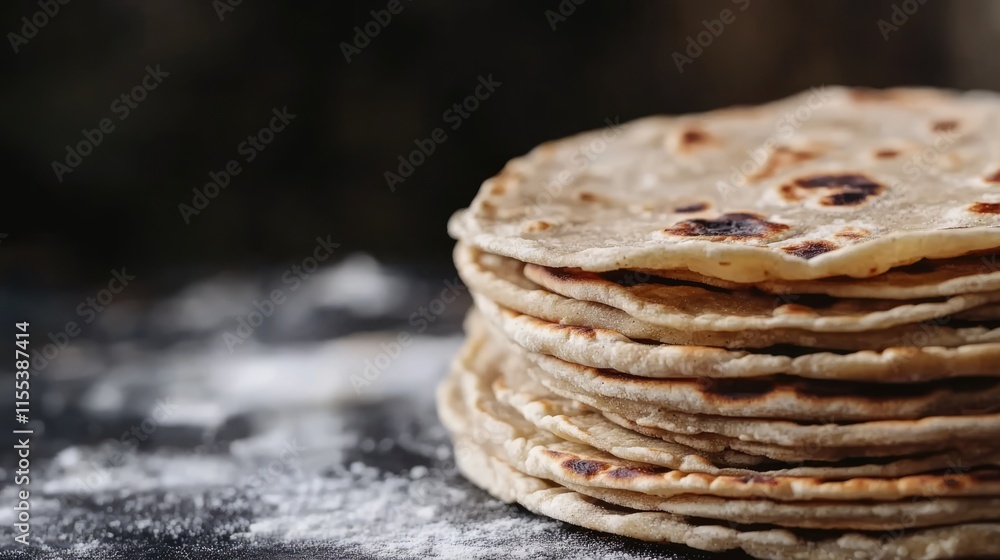 Aufkleber stack of freshly made wheat tortillas on a rustic table with flour scattered around them