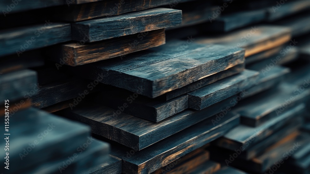 Poster stacked wooden planks in closeup showcasing the texture and grain of aged timber creating a visually