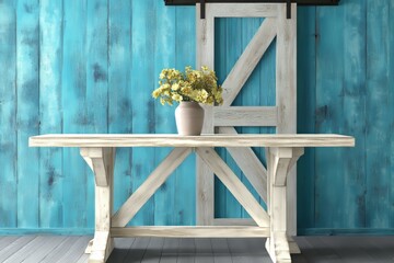 Obraz premium Rustic Wooden Table with Distressed White Wood and Aged Legs, Set Against Old Blue Door Background
