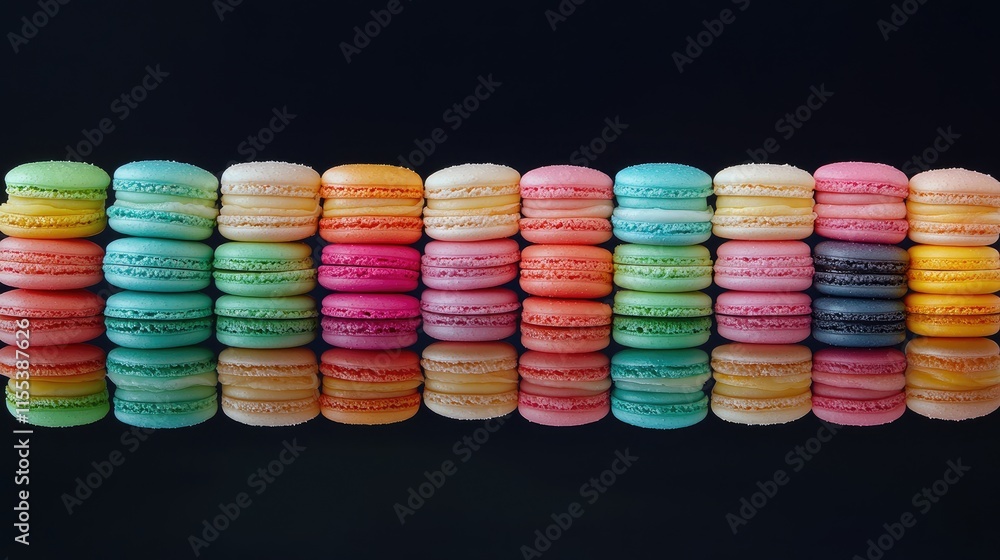 Poster multicolored macarons displayed in stacks against a black background creating a vibrant reflection f