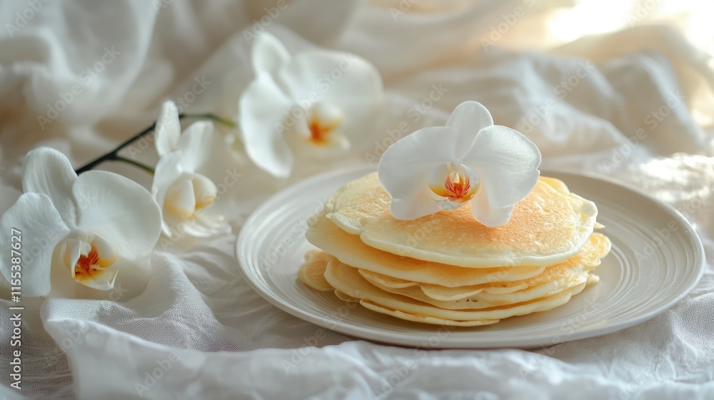 Poster homemade pancake stack adorned with orchids on a soft tablecloth creating a cozy rustic breakfast am