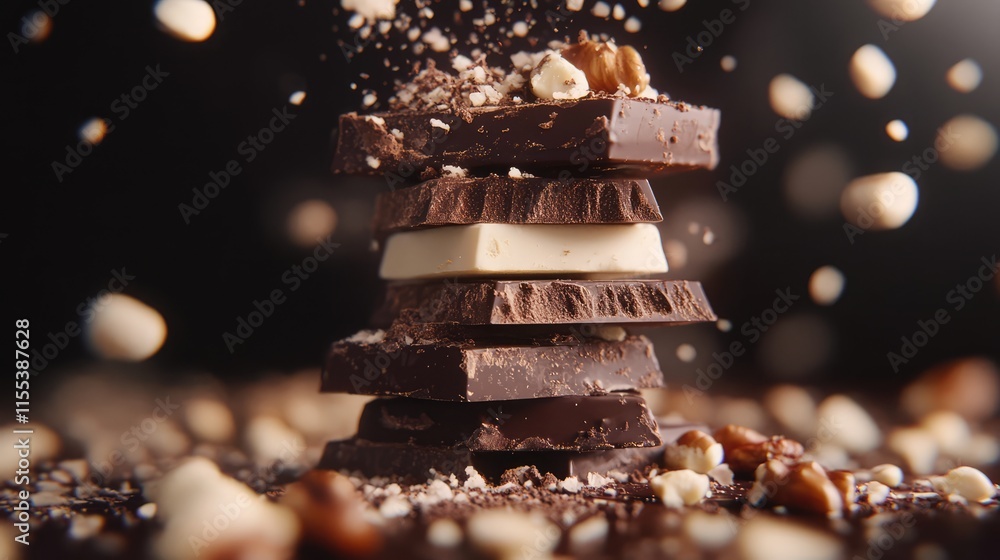 Poster chocolate stack with nuts in motion creating a delightful and tempting dessert experience against a 