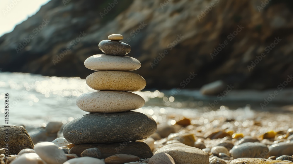 Poster balanced stack of smooth round stones on a tranquil seashore with gentle waves and natural rock form