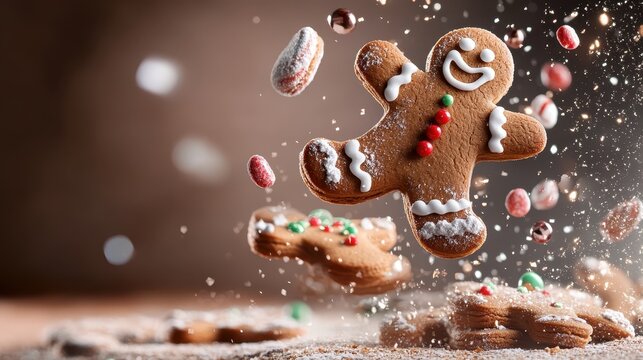 A single, smiling gingerbread man floats with grace above a scattered assembly of festive sweets and candies, creating a joyful and whimsical visual narrative.