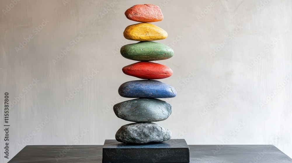 Poster colorful stacked stones balancing on a base symbolizing harmony and mindfulness in a minimalist sett