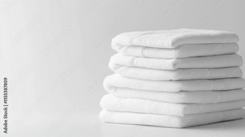 Poster stack of neatly folded white towels on a minimalistic background for spa or bathroom setting