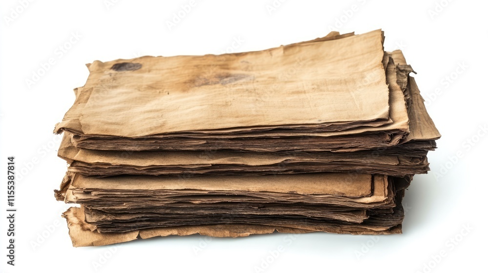 Poster stack of aged and weathered paper sheets isolated on white background for vintage and historical con