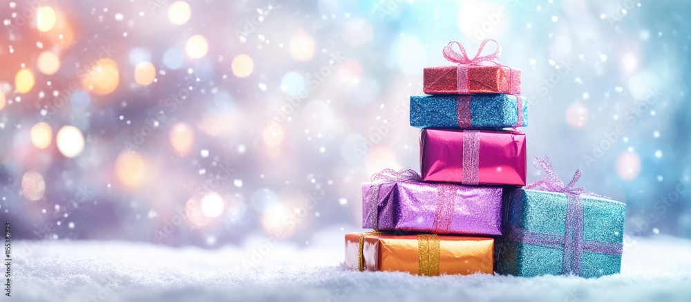 Poster colorful stacked gifts creating a festive atmosphere against a dreamy background with bokeh lights a