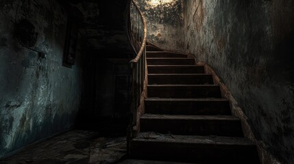 Abandoned stairwell in an old office building with peeling paint and dramatic lighting shadows creating an eerie atmosphere