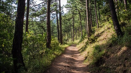 Fototapeta premium Scenic Forest Pathway Surrounded by Tall Pine Trees during Daytime Hike : Generative AI