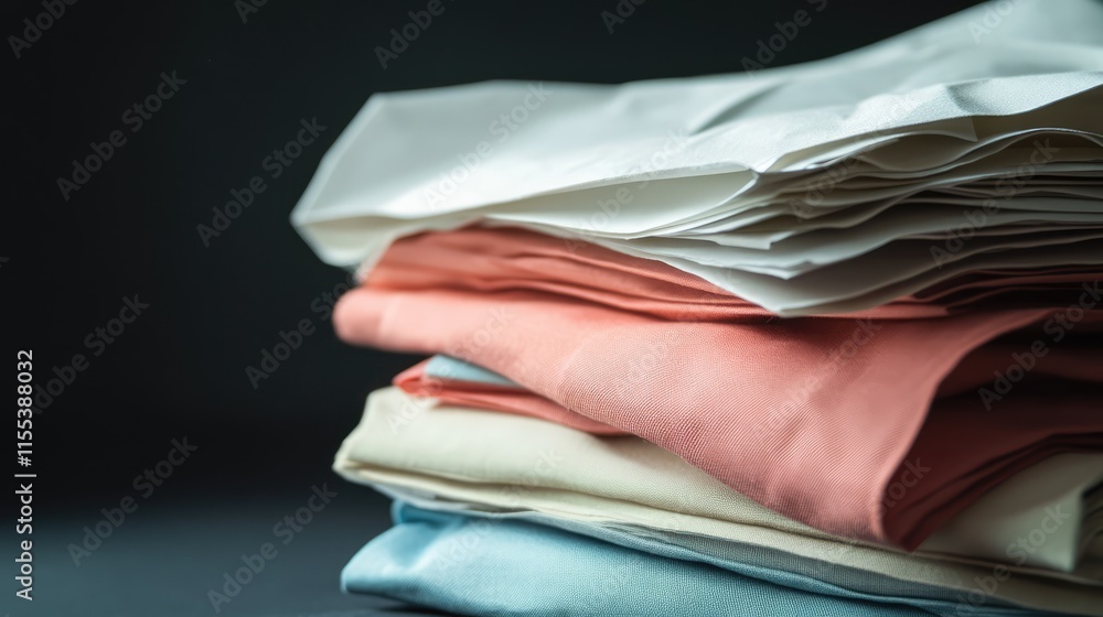 Poster stack of assorted fabric sheets and blank paper for design placement on dark background