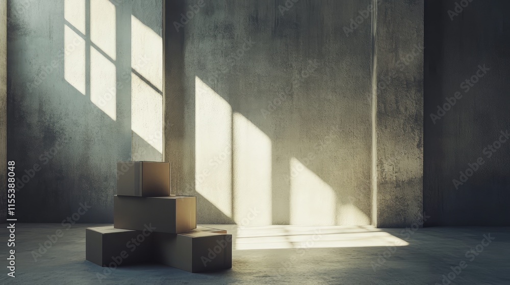 Poster stack of cardboard boxes in minimalist empty room with natural light and shadows creating an invitin
