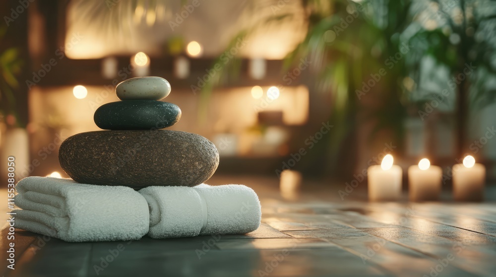 Poster serene arrangement of spa stones with towels and candles creating a calming atmosphere for relaxatio