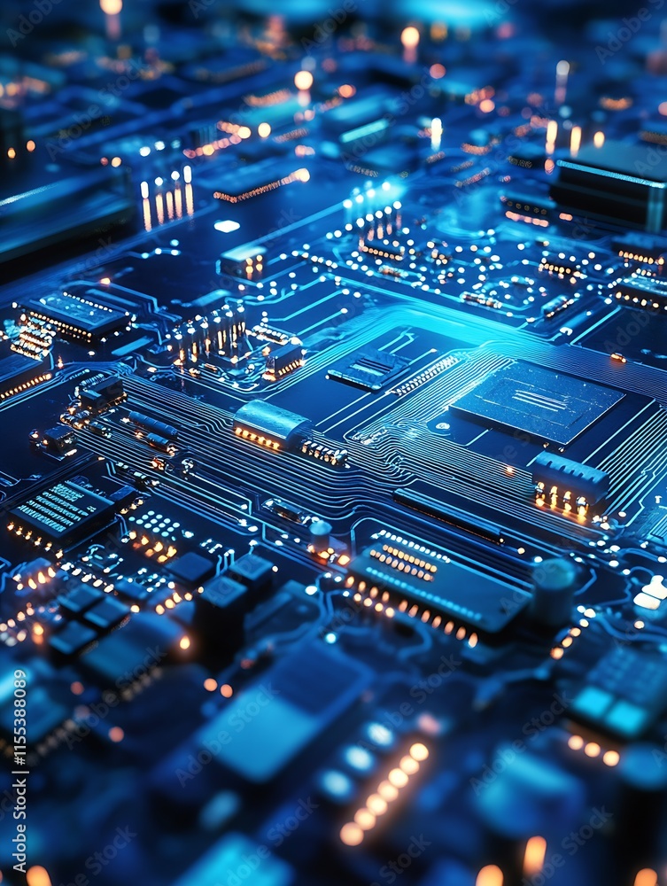 Poster Closeup view of a futuristic electronic circuit board with glowing connection nodes : Generative AI