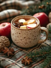 Cozy apple cider drink preparation rustic setting food photography autumn vibes close-up view warmth and comfort