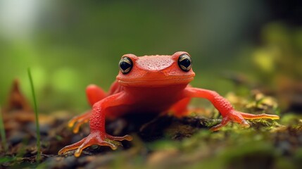 A radiant red newt crawls across a forest floor, its vibrant skin standing out against the earthy tones of the surroundings. the macro shot highlights the amphibians striking color. 