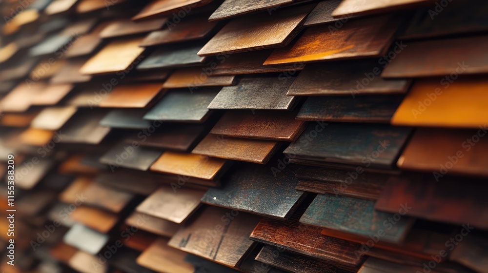 Poster textured close-up of stacked roof tiles highlighting weathered colors and intricate patterns for arc