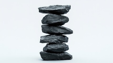 stacked black coal rocks isolated on white background showcasing balance and stability in natural materials