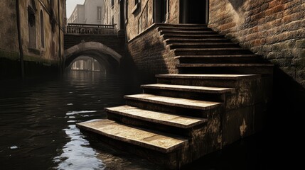 Serene stone stairs leading to a tranquil canal with reflections in an atmospheric historic setting