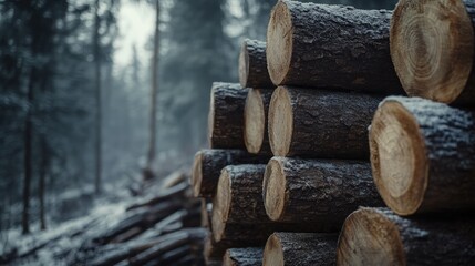 Stacked pine logs in a forest setting showcasing natural timber storage and tranquil woodlands for environmental or industrial themes
