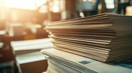 Closeup of a neat stack of printed paper in a printing press workshop with warm sunlight streaming through the windows