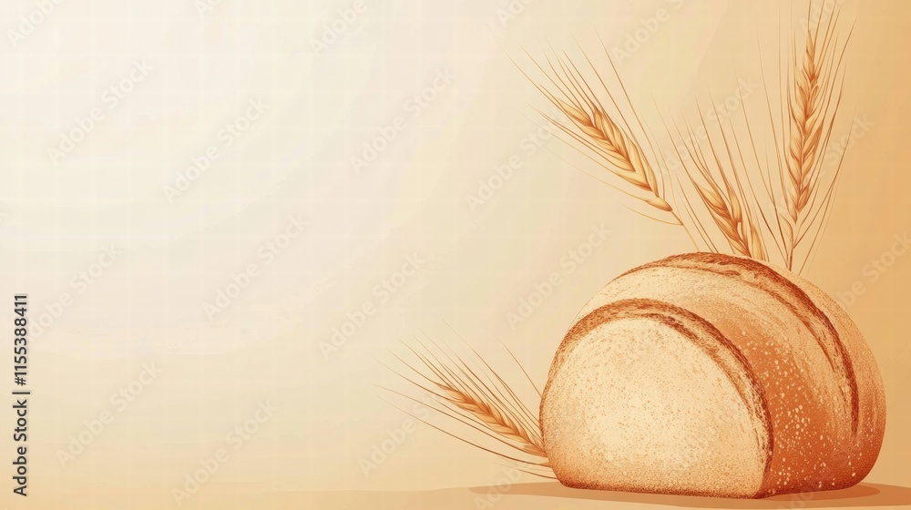 Aufkleber Minimalist bread loaf with wheat grains on a soft background for text and design templates. Generative AI