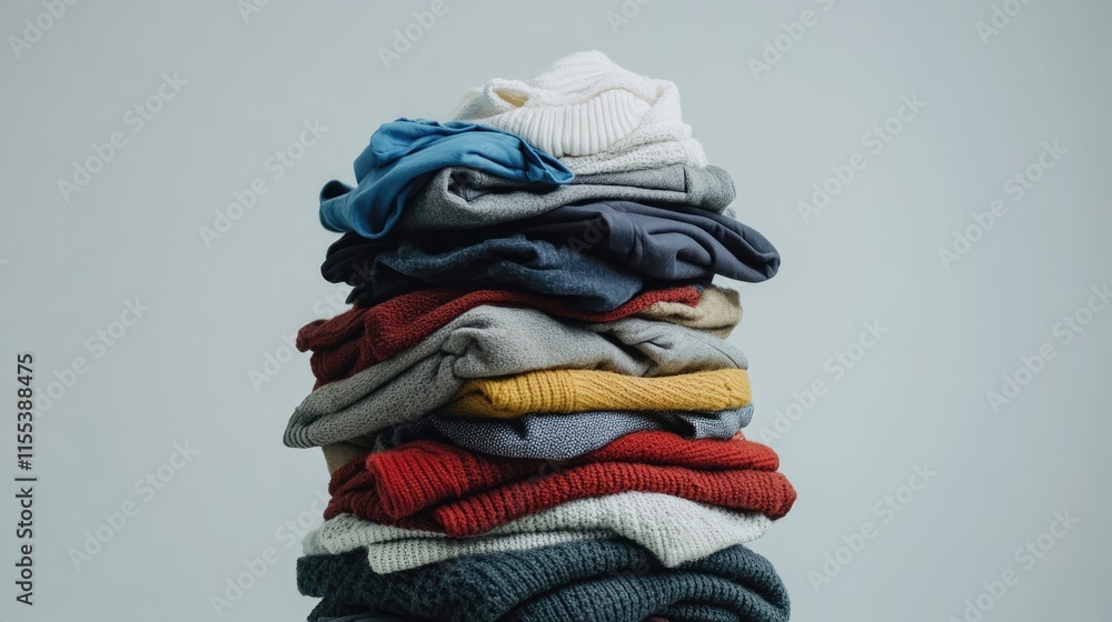 Poster stack of assorted colorful sweaters neatly piled on a white background showcasing casual winter appa