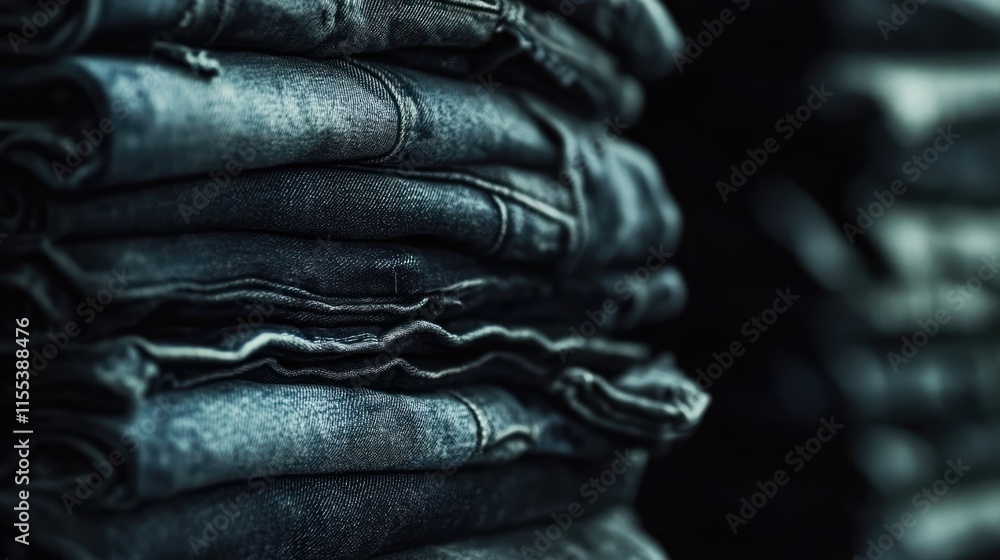 Poster stack of denim jeans neatly arranged with a soft focus background highlighting texture and color var