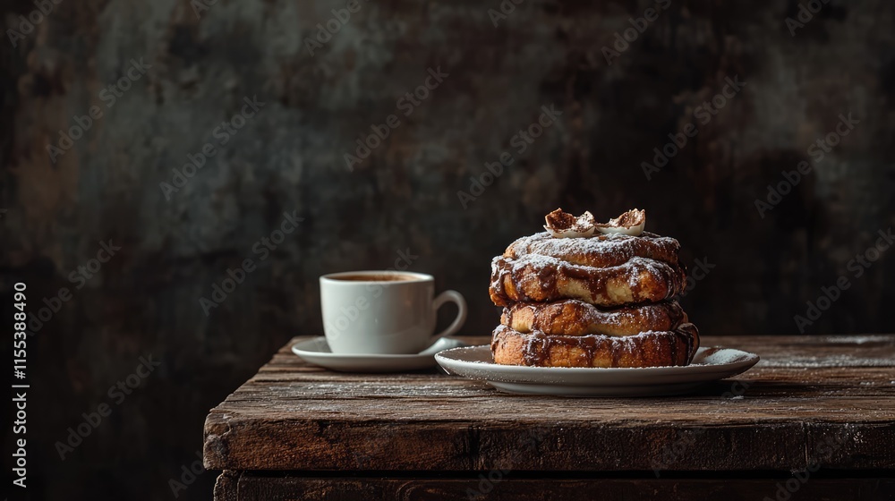 Poster cinnamon rolls stacked on a rustic wooden table with a cup of coffee creating a cozy and inviting at