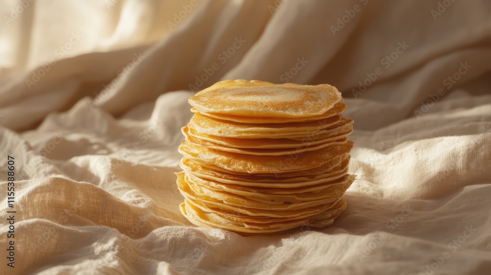 Poster stack of golden thin pancakes elegantly arranged on a soft textile background showcasing a warm and 