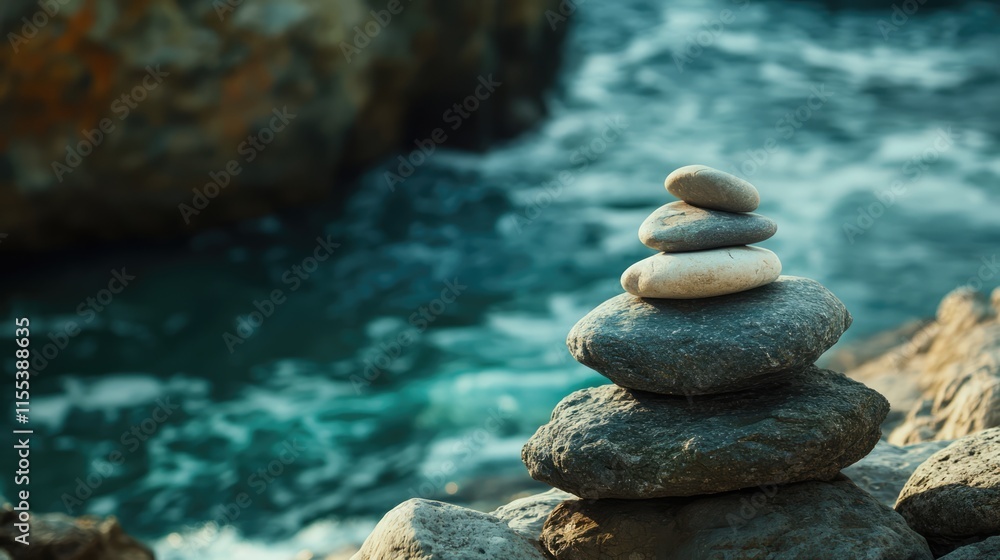Poster stacked pebbles balanced on the shore with a serene sea background creating a calming and tranquil c