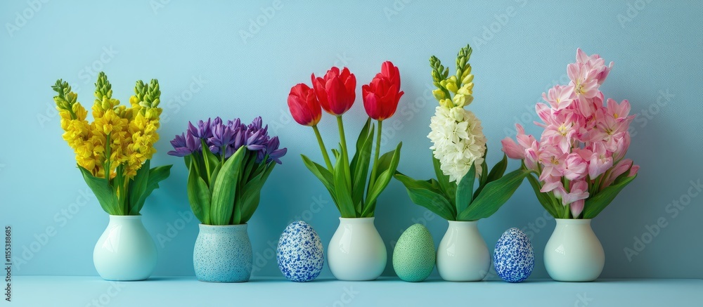 Poster spring backdrop of vibrant easter eggs and fresh tulips hyacinths in vases against a soft blue backg