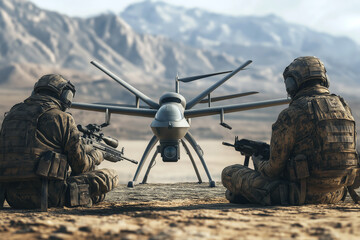 A sniper team deploying a drone for reconnaissance, blending technology with precision tactics.