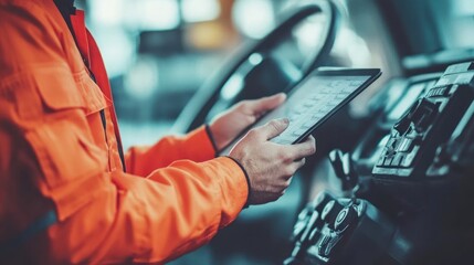 Close-up of a worker in an orange uniform using a tablet in a vehicle's cockpit.