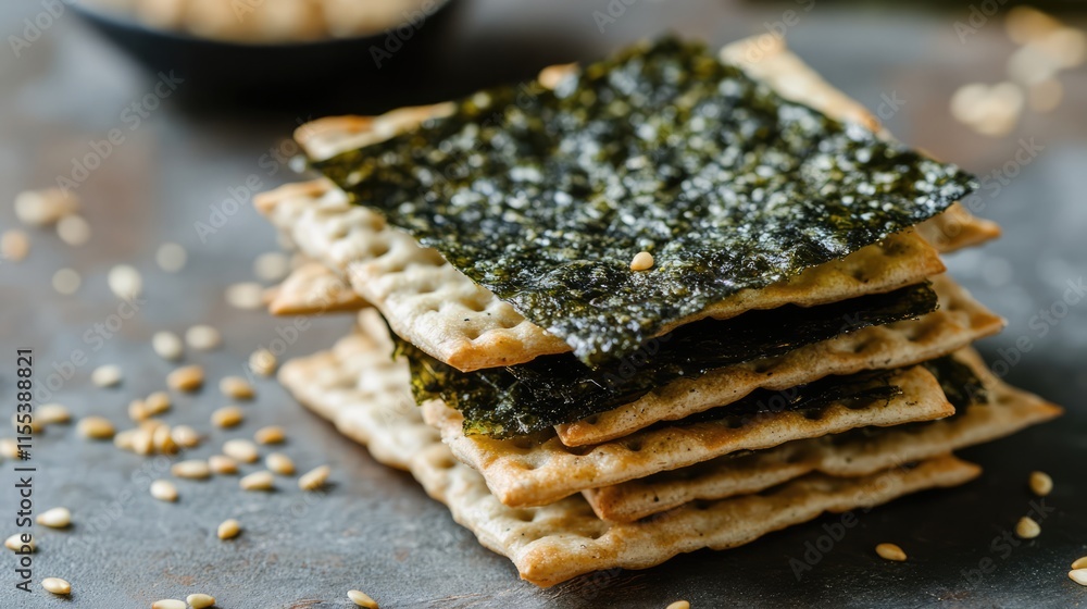 Poster stack of seasoned seaweed crackers on a rustic table top view with sesame seeds and snack bowl in th