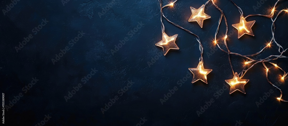 Poster star shaped light garlands on dark background creating a festive atmosphere with ample copy space fo